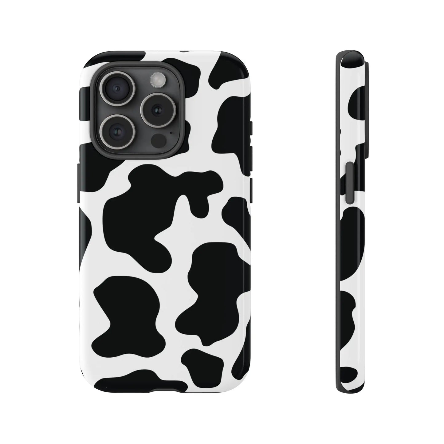 Back side of a black cow print phone case with a sleek glossy finish protective print phone cover