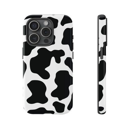 Back side of a black cow print phone case with a sleek glossy finish protective print phone cover