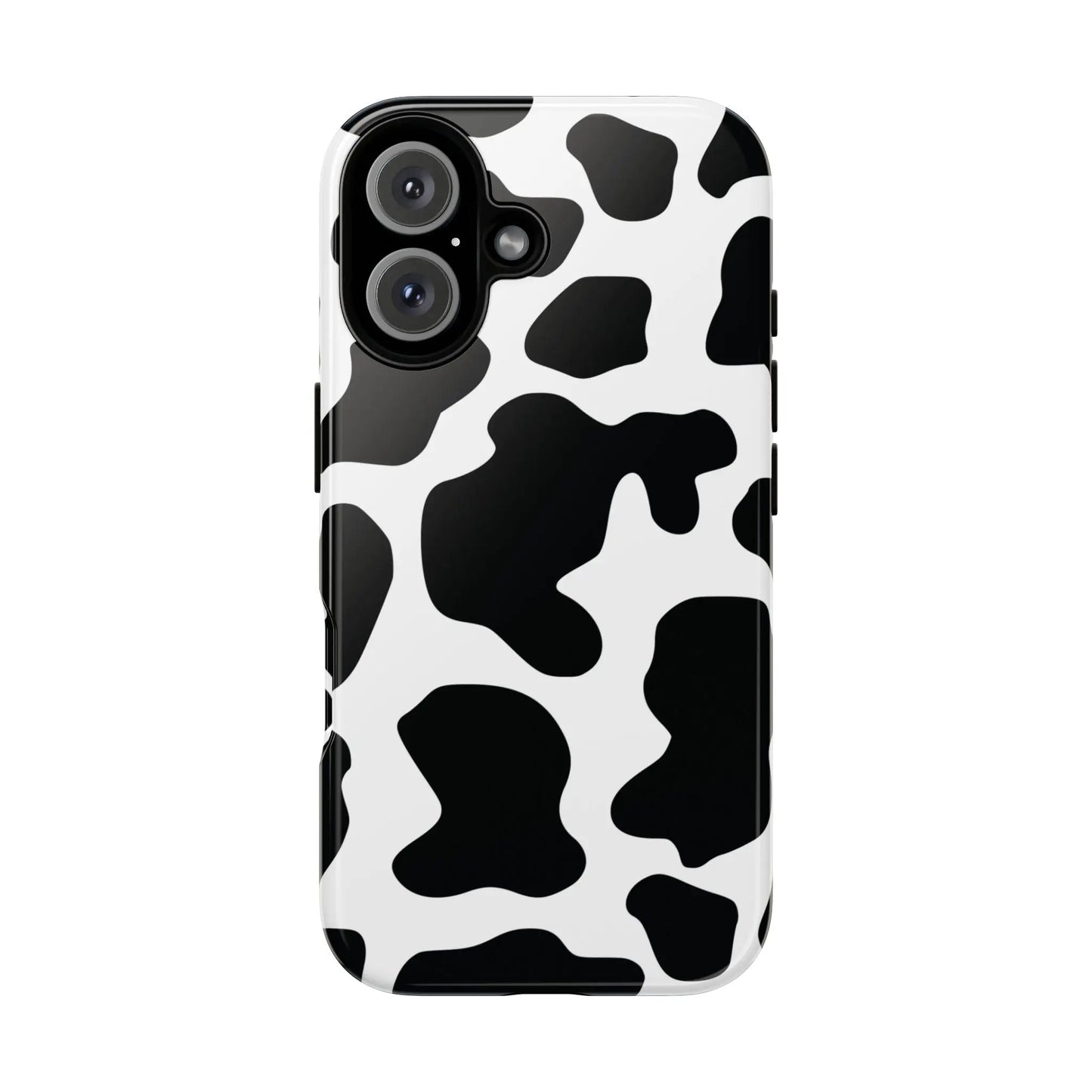 Black cow print phone case featuring a protective black and white cow pattern cover shown from the back side