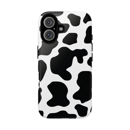 Black cow print phone case featuring a protective black and white cow pattern cover shown from the back side