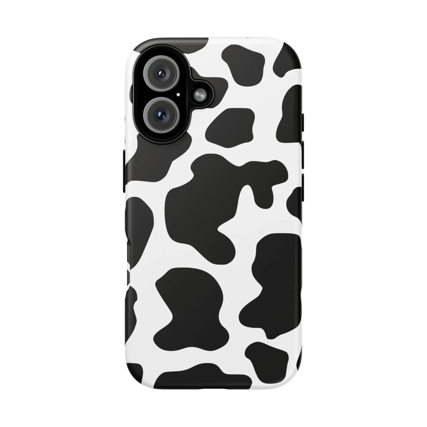 Black cow print phone case showing the back side with a protective cover and white cow pattern design
