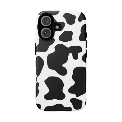 Black cow print phone case showing the back side with a protective cover and white cow pattern design