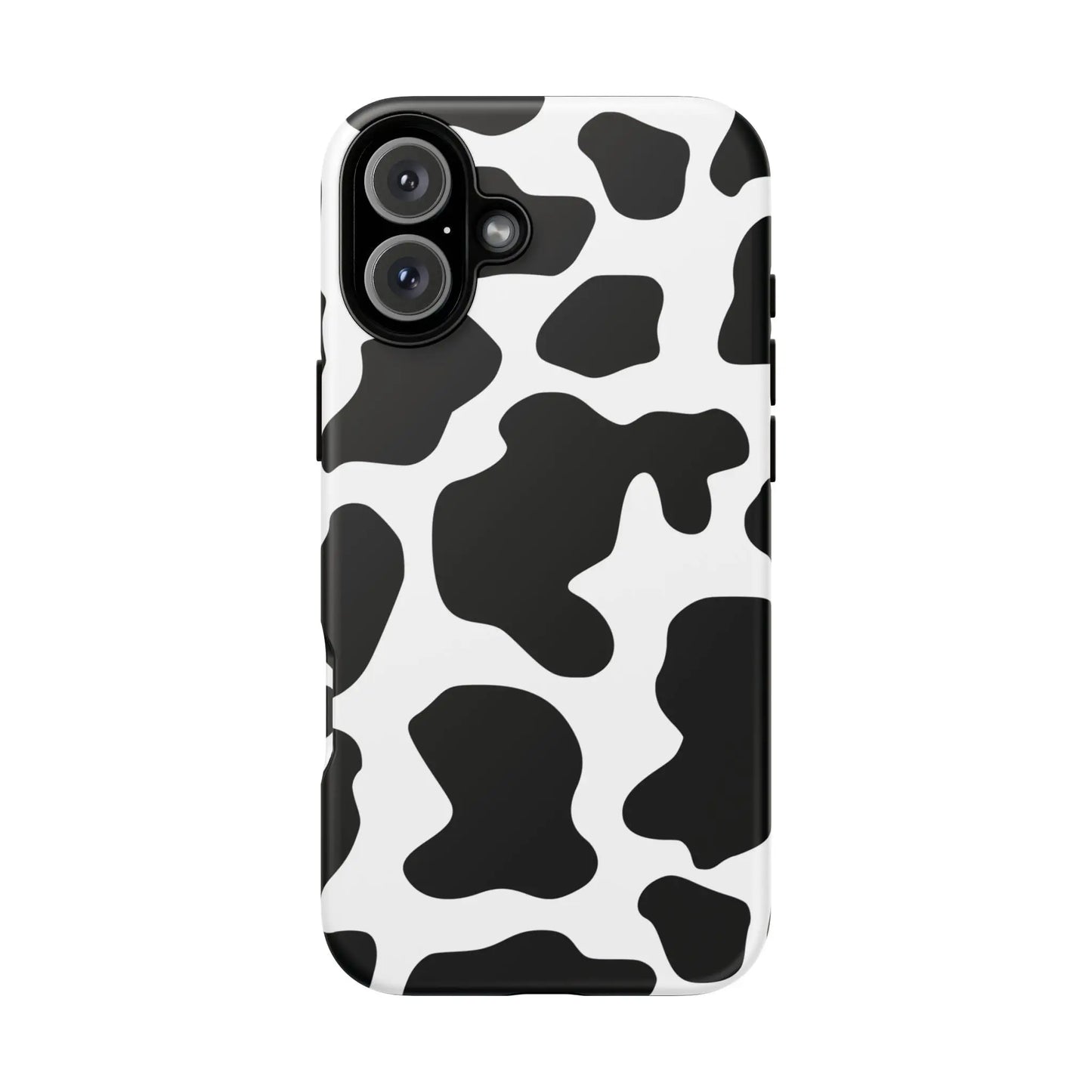 Black cow print phone case showing the back side of a protective print phone case with black and white cow pattern