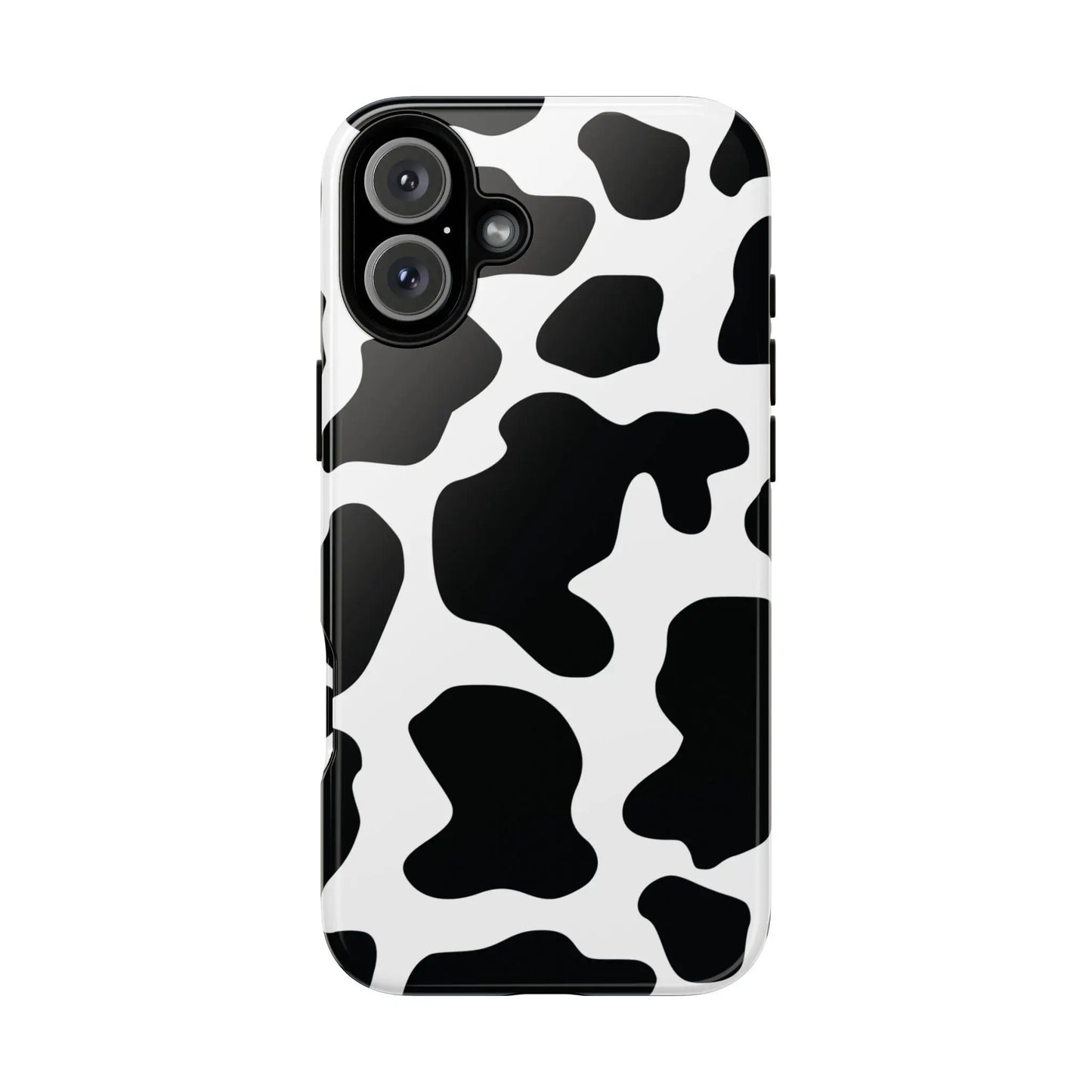 Black cow print phone case showing the back side with a protective black and white cow pattern cover