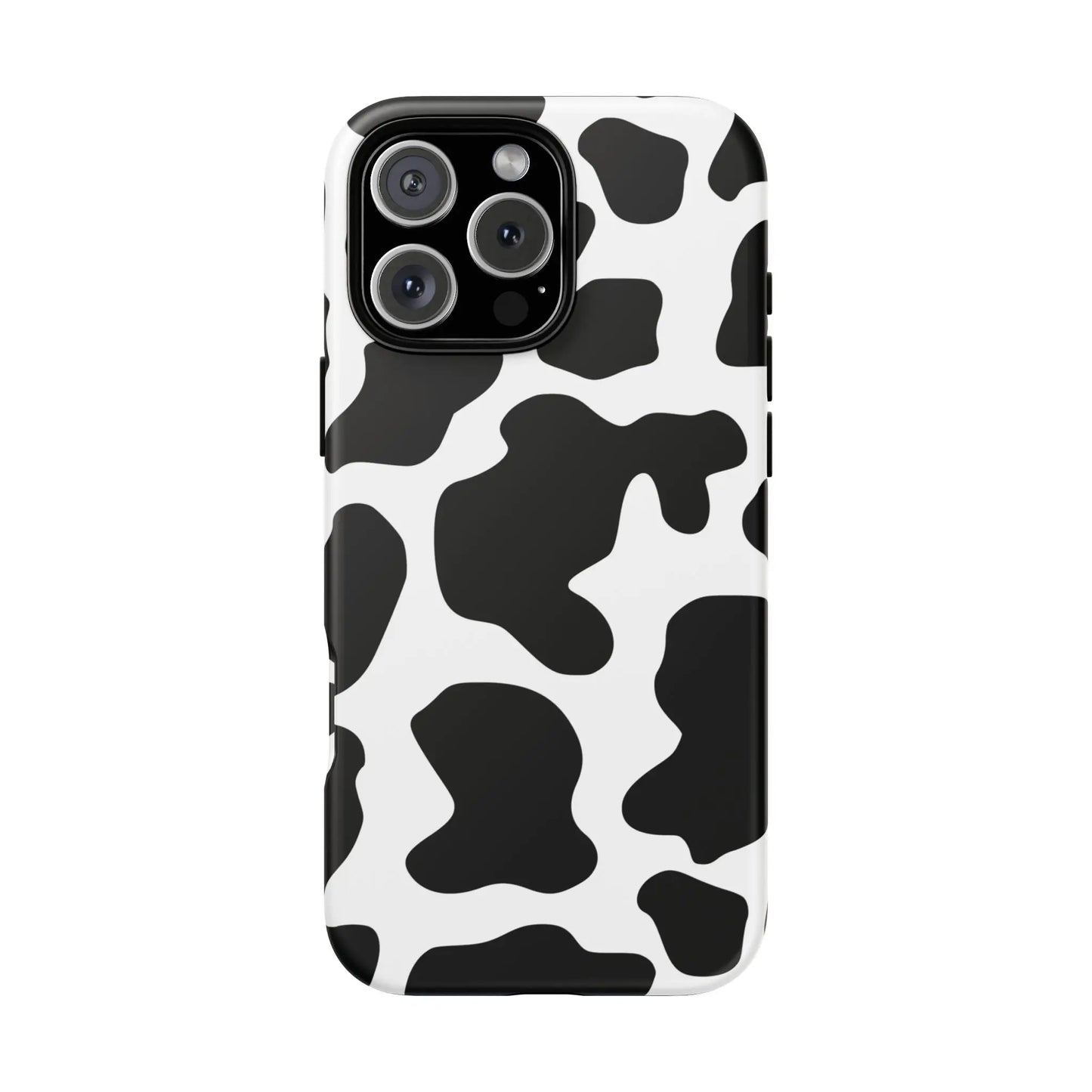 Black cow print phone case with protective cover showing the back side in white and black cow pattern