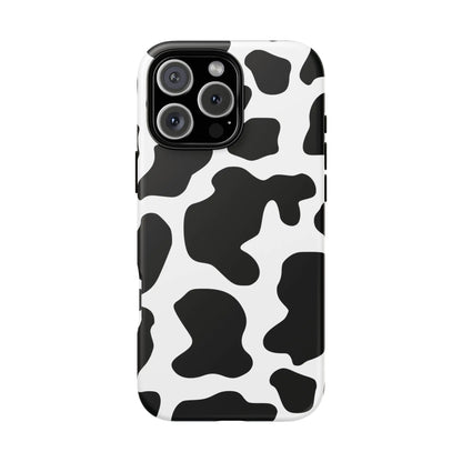 Black cow print phone case with protective cover showing the back side in white and black cow pattern