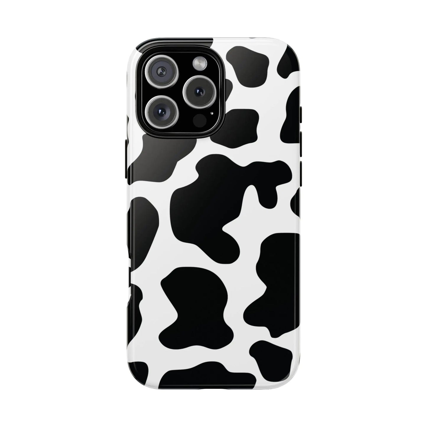 Black and white cow print phone case showing the back side with a protective black cow print design