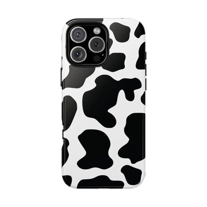 Black and white cow print phone case showing the back side with a protective black cow print design