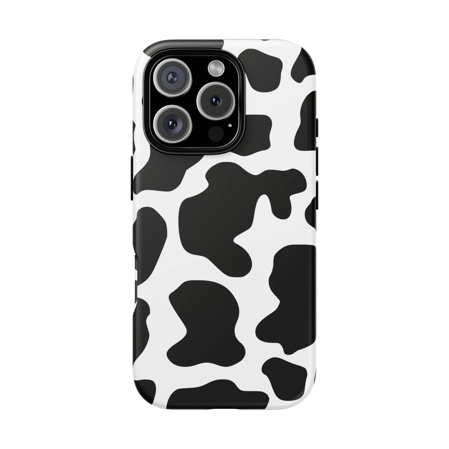 Black cow print phone case showing the back with protective cover featuring a bold black and white cow pattern