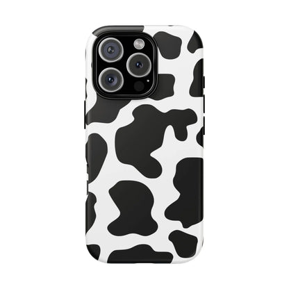 Black cow print phone case showing the back with protective cover featuring a bold black and white cow pattern