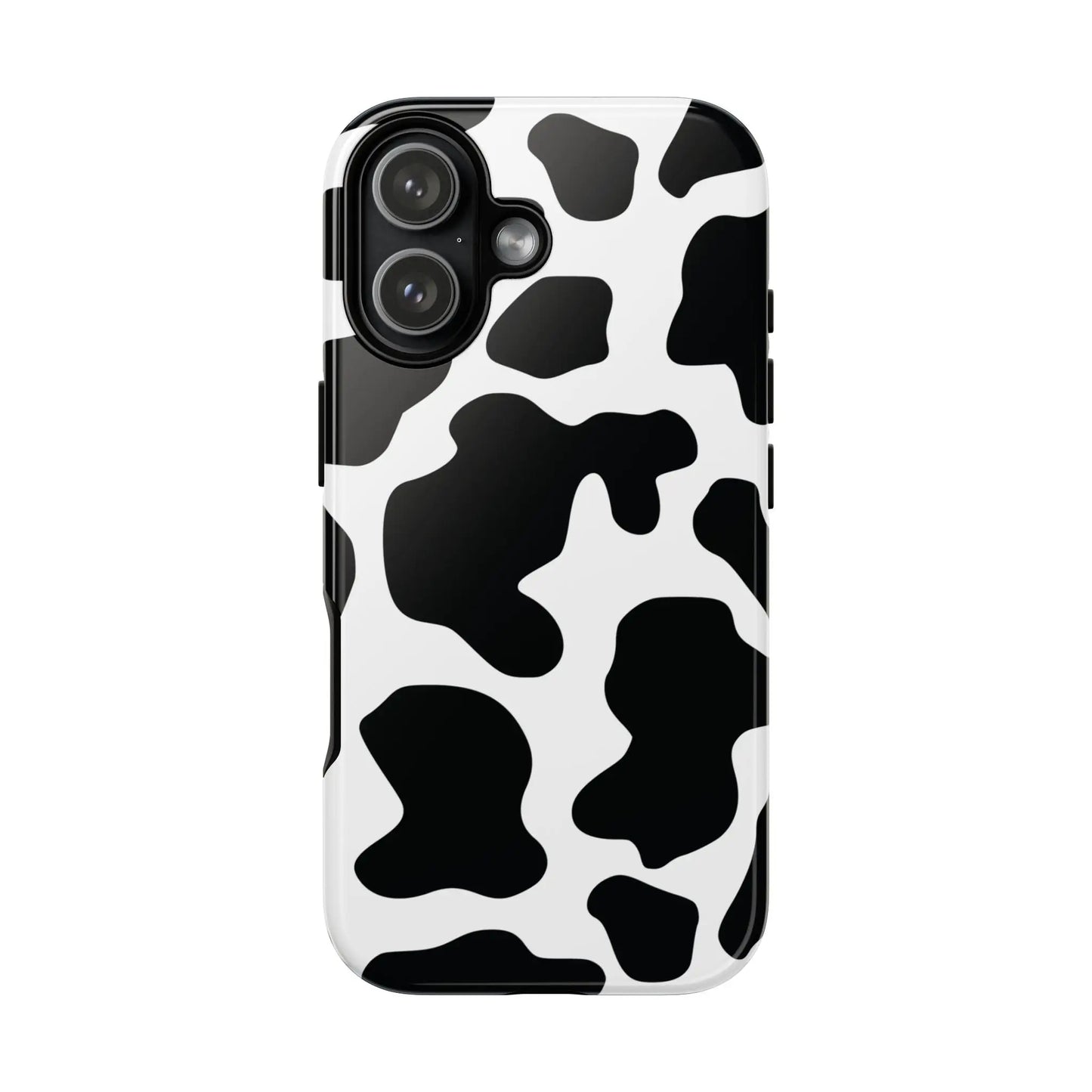 Black cow print phone case showing the back side with a protective black and white cow pattern cover