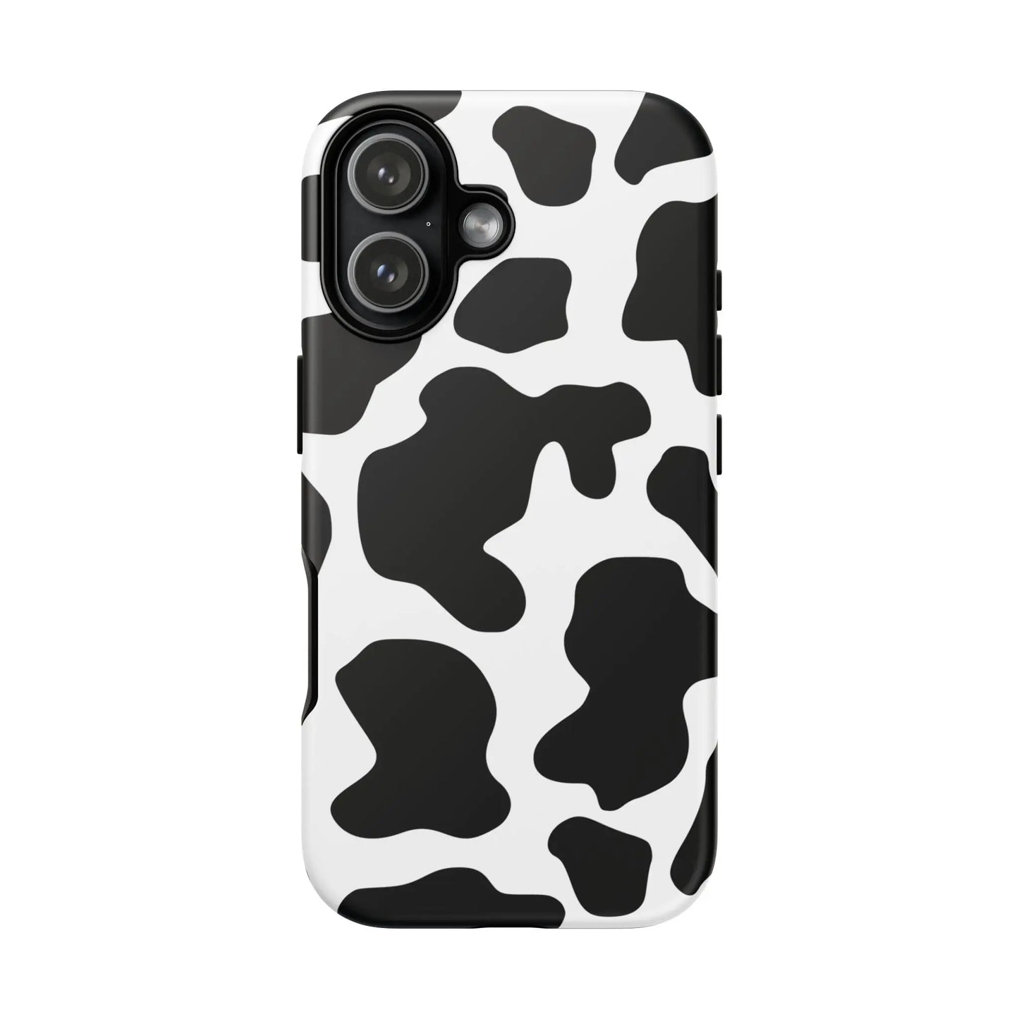 Black and white cow print phone case showing back side with protective black cow print design for phone use