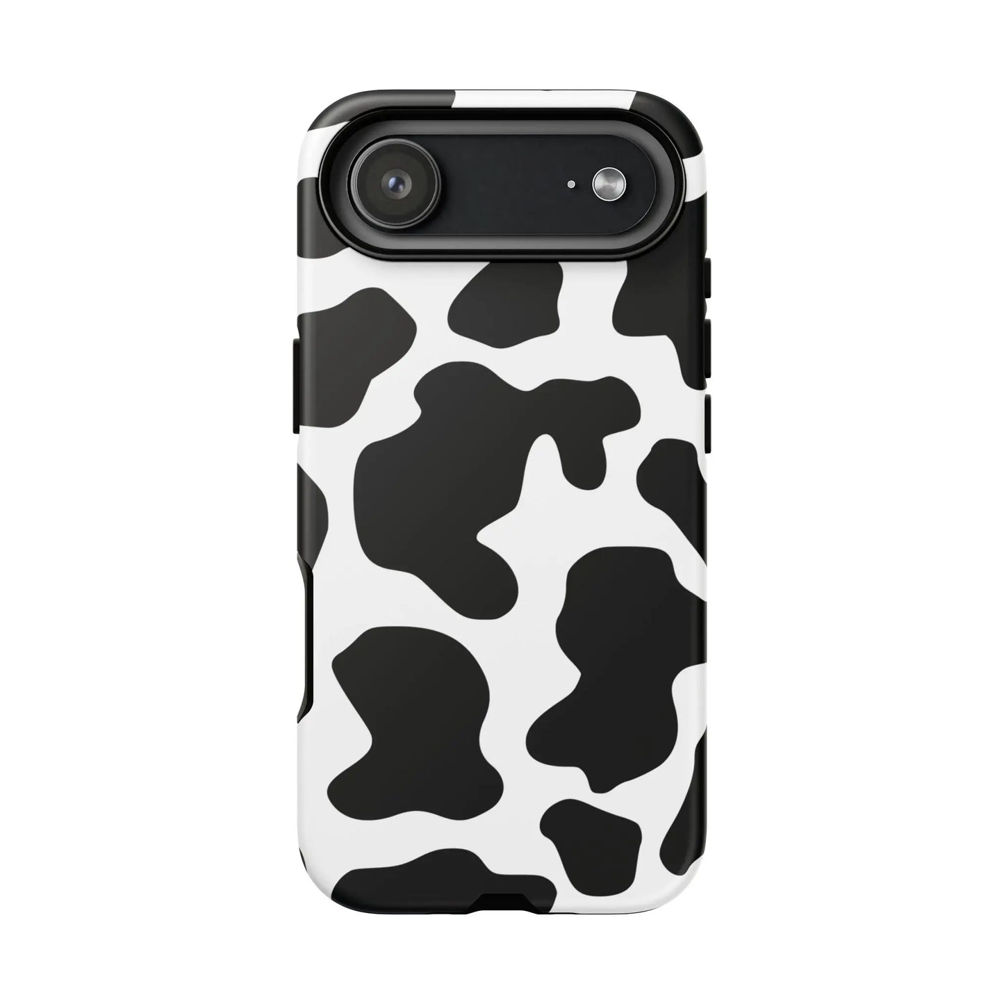 Black cow print phone case showing back side with sleek protective design and black and white cow pattern cover