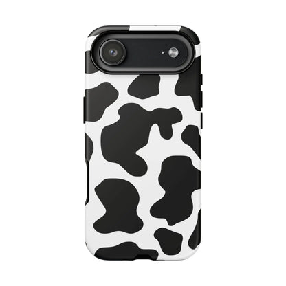 Black cow print phone case showing back side with sleek protective design and black and white cow pattern cover