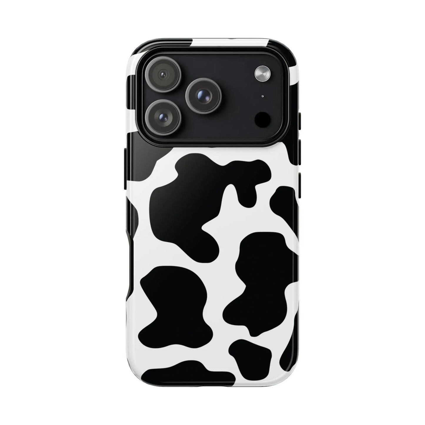Black cow print phone case with sleek protective design shown from the back in black and white cow pattern