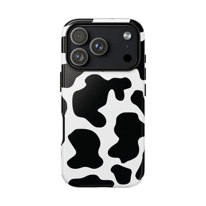 Black cow print phone case with sleek protective design shown from the back in black and white cow pattern