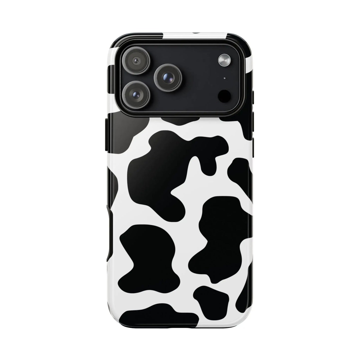 Black cow print phone case with sleek protective design showing the back side of the print phone case cover