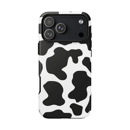 Black cow print phone case showing back side with sleek protective design and black and white cow pattern cover