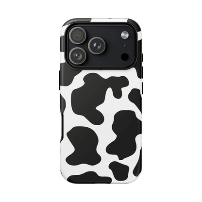 Black cow print phone case with sleek protective design showing the back side of the cow print phone cover