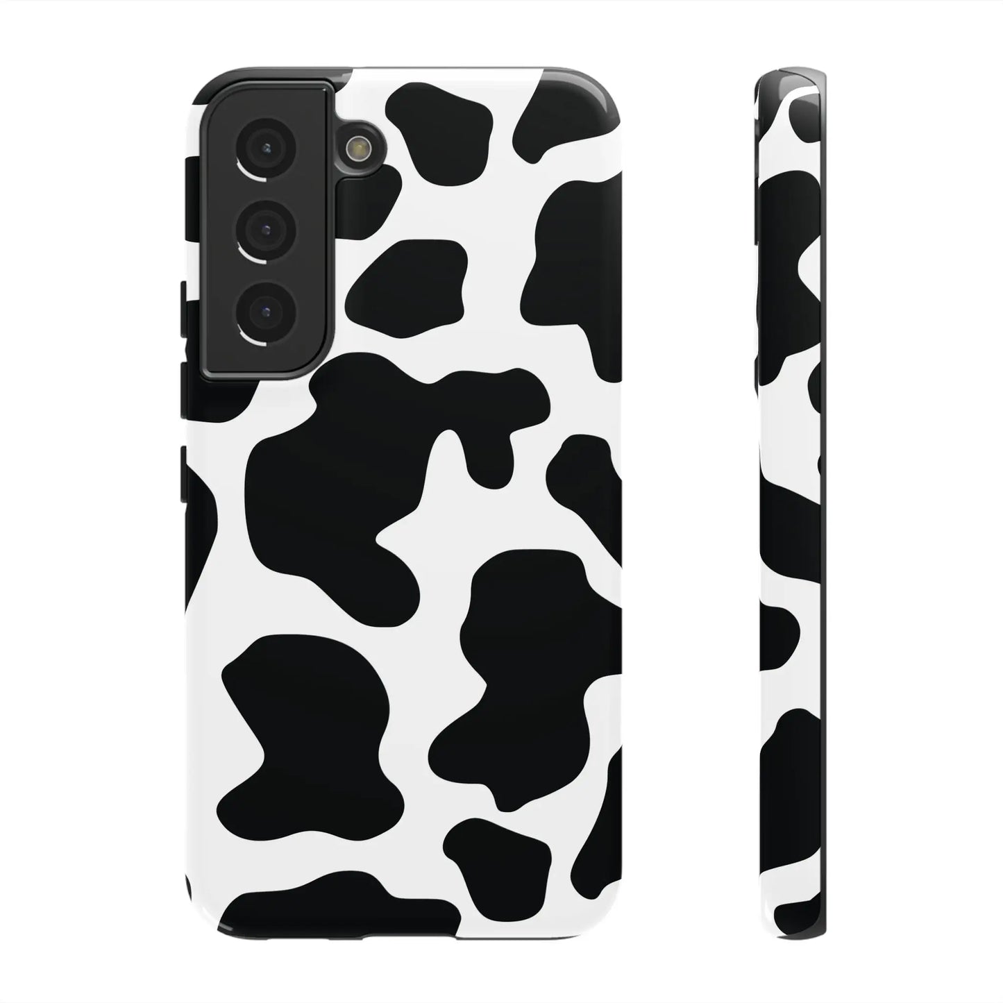 Black cow print phone case showing the back side for samsung galaxy s21 protective and stylish cover
