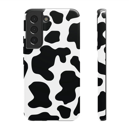 Black cow print phone case showing the back side for samsung galaxy s21 protective and stylish cover
