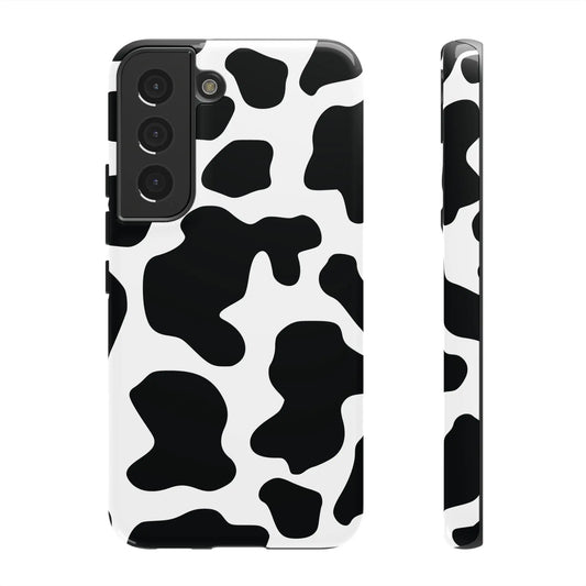 Black cow print phone case showing the back side for samsung galaxy s21 protective and stylish cover