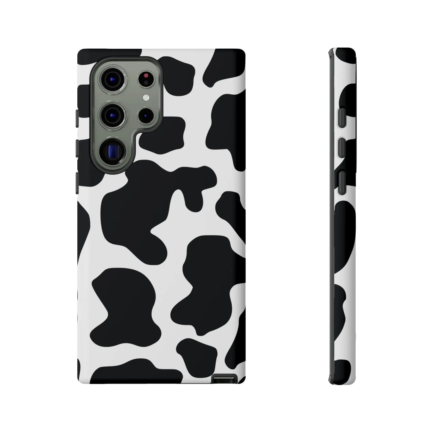 Black cow print phone case showing the back side with a protective cover and classic cow print design