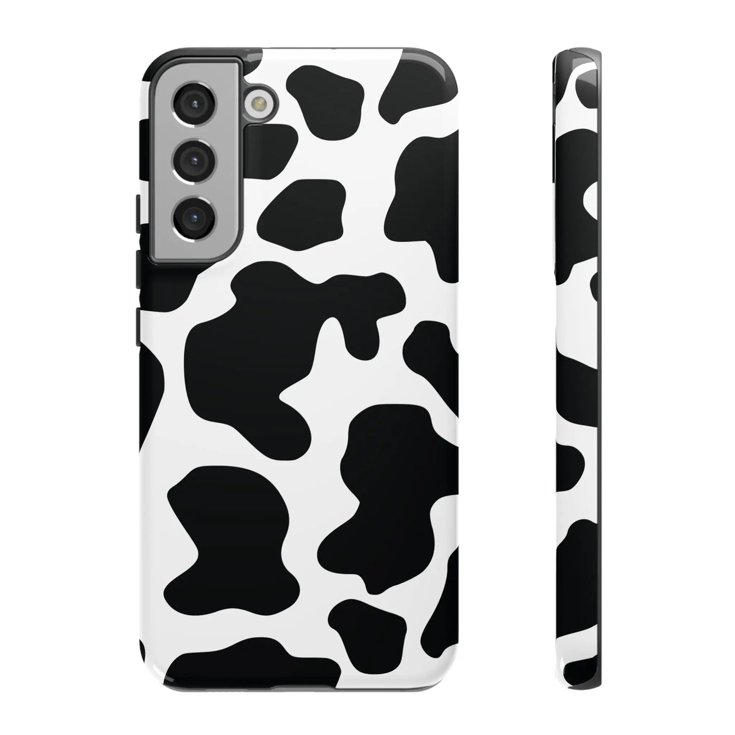 Black cow print phone case for samsung galaxy s21 showing the back side with protective cow print phone cover