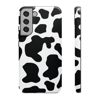 Black cow print phone case for samsung galaxy s21 showing the back side with protective cow print phone cover