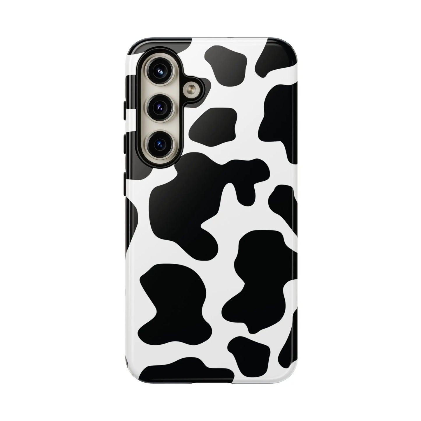 Black cow print phone case showing the back side with protective black and white cow pattern design