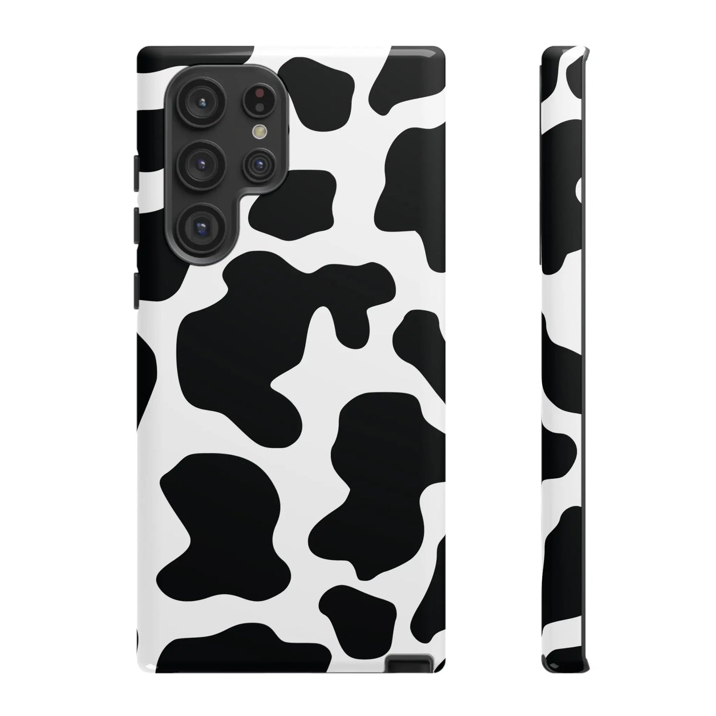 Black cow print phone case with protective cover featuring a black and white cow print pattern on the back side