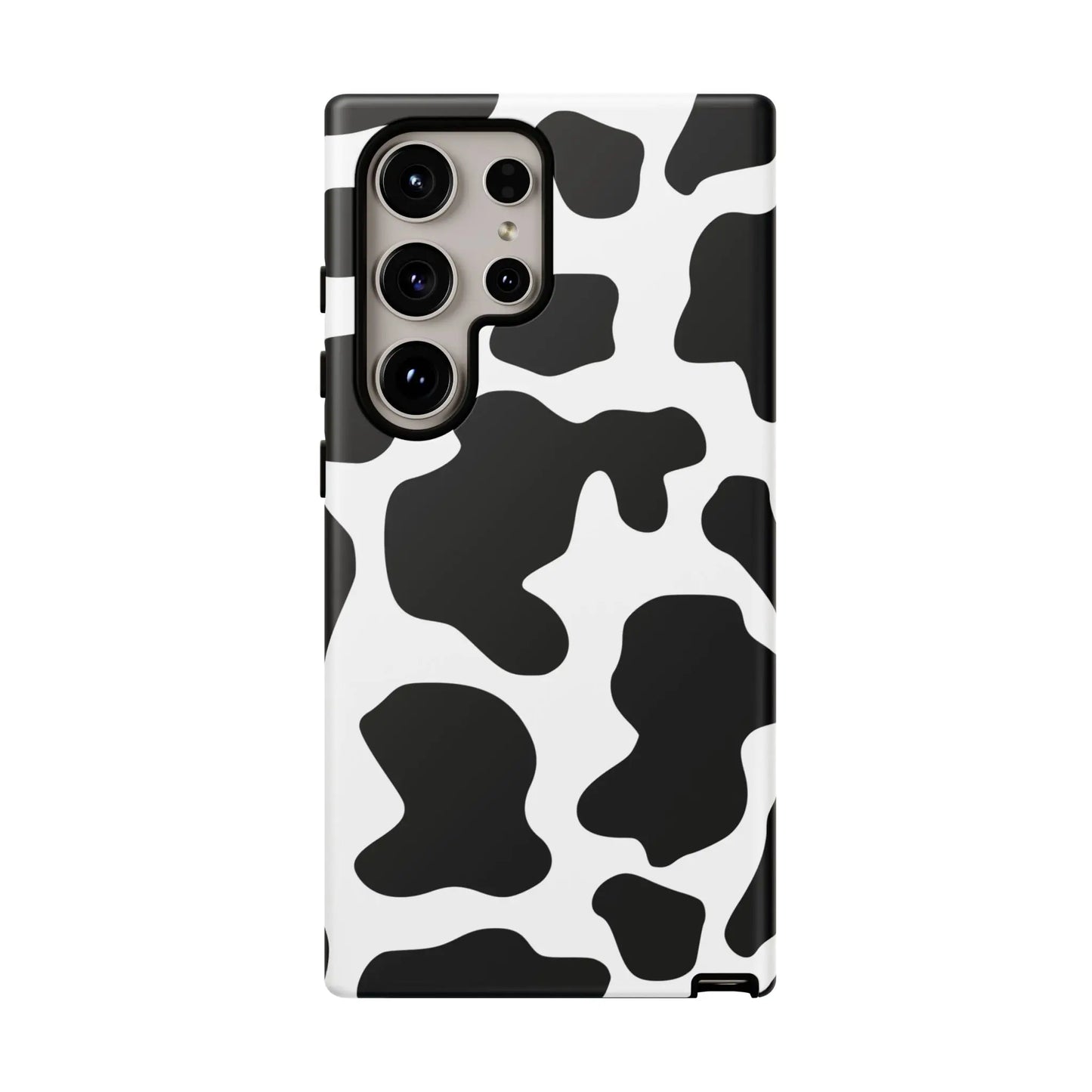 Black cow print phone case showing the back side designed for samsung galaxy s21 ultra protective cover