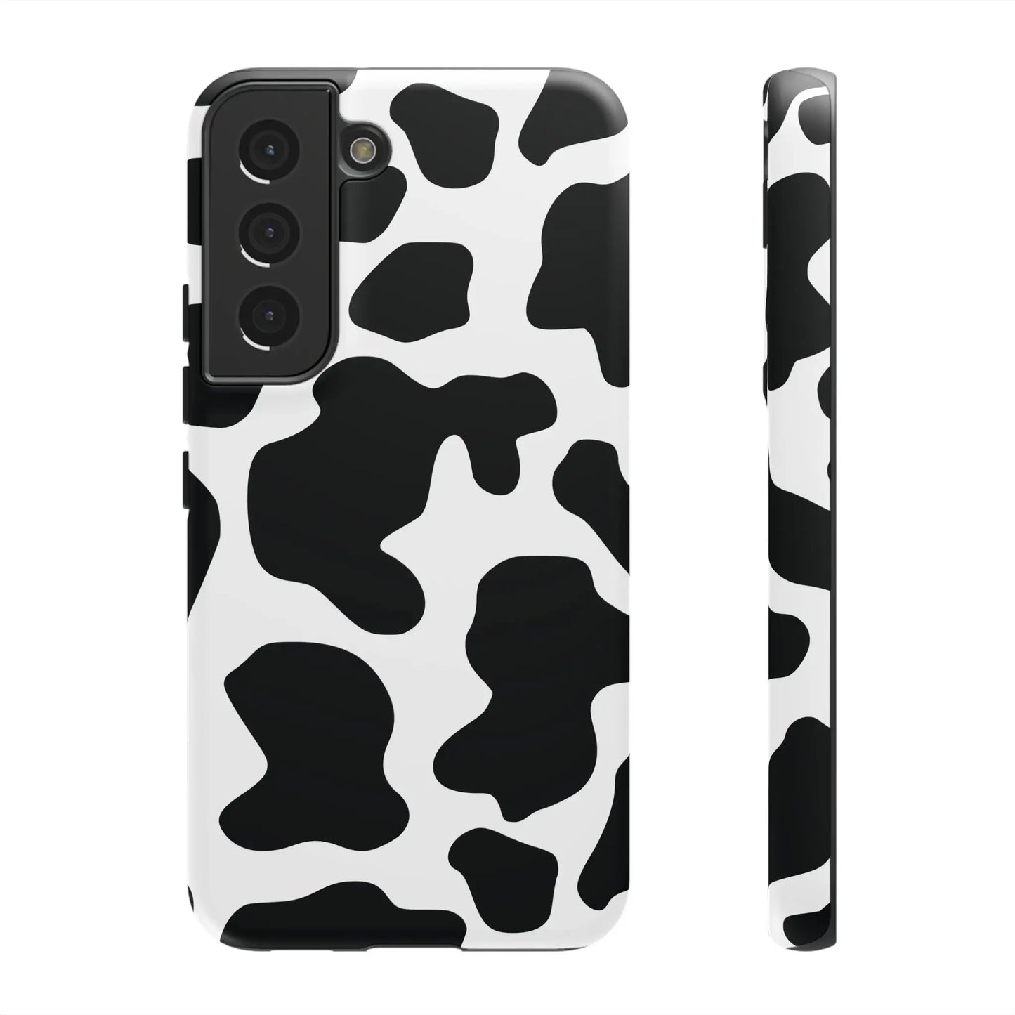 Black cow print phone case for samsung galaxy s21 showing the back with protective black and white cow pattern cover