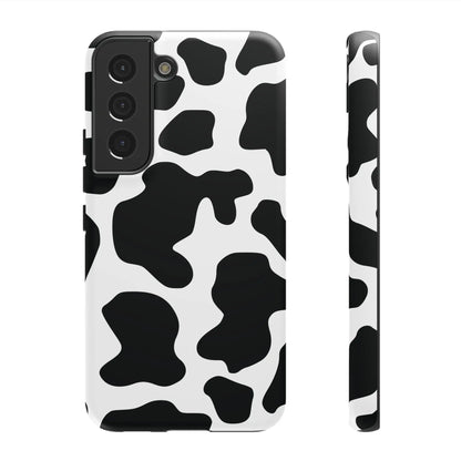 Black cow print phone case for samsung galaxy s21 showing the back with protective black and white cow pattern cover