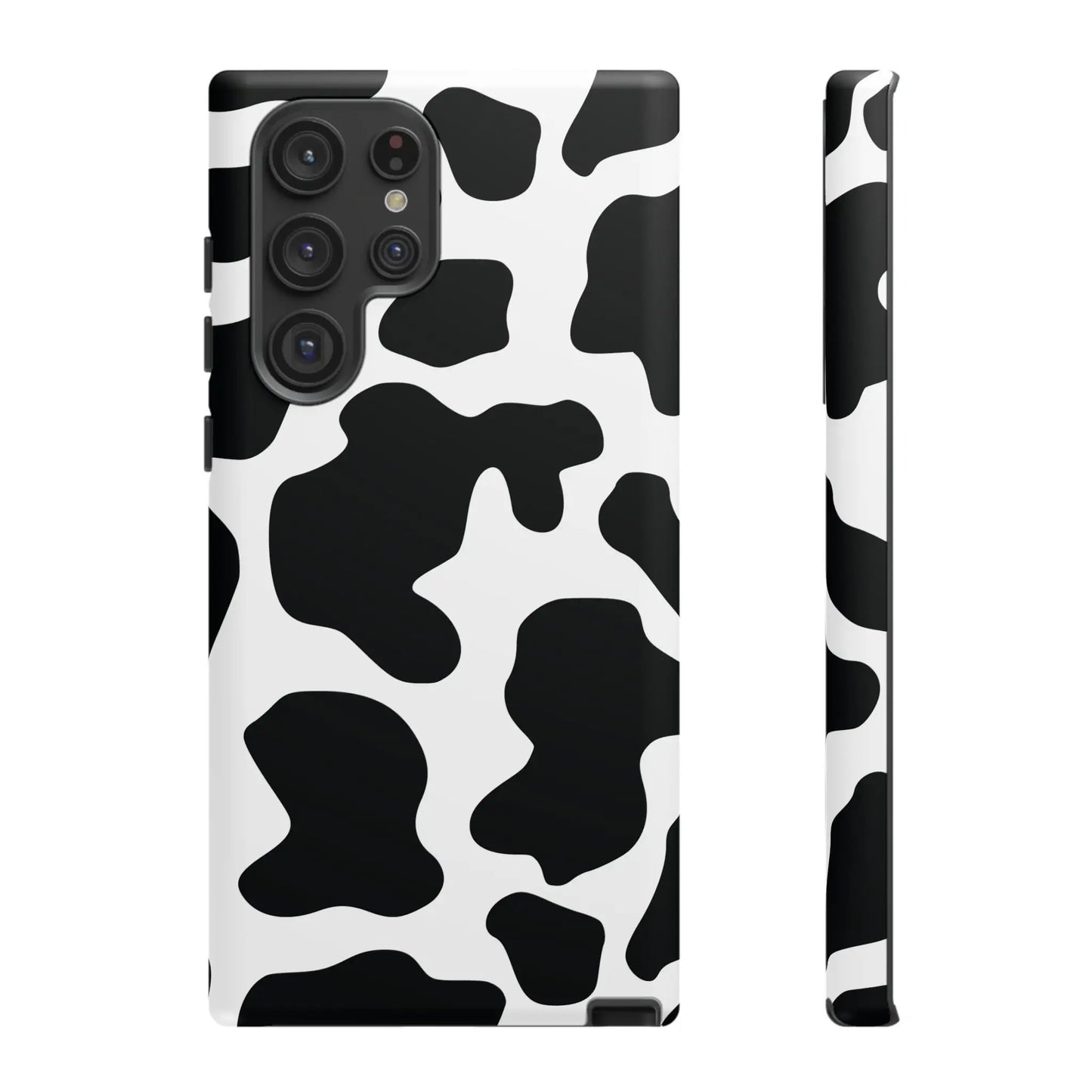 Black cow print phone case with glossy finish showing the back side of the protective cover