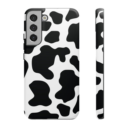 Black cow print phone case for samsung galaxy s21 with black and white cow pattern protective cover back shown