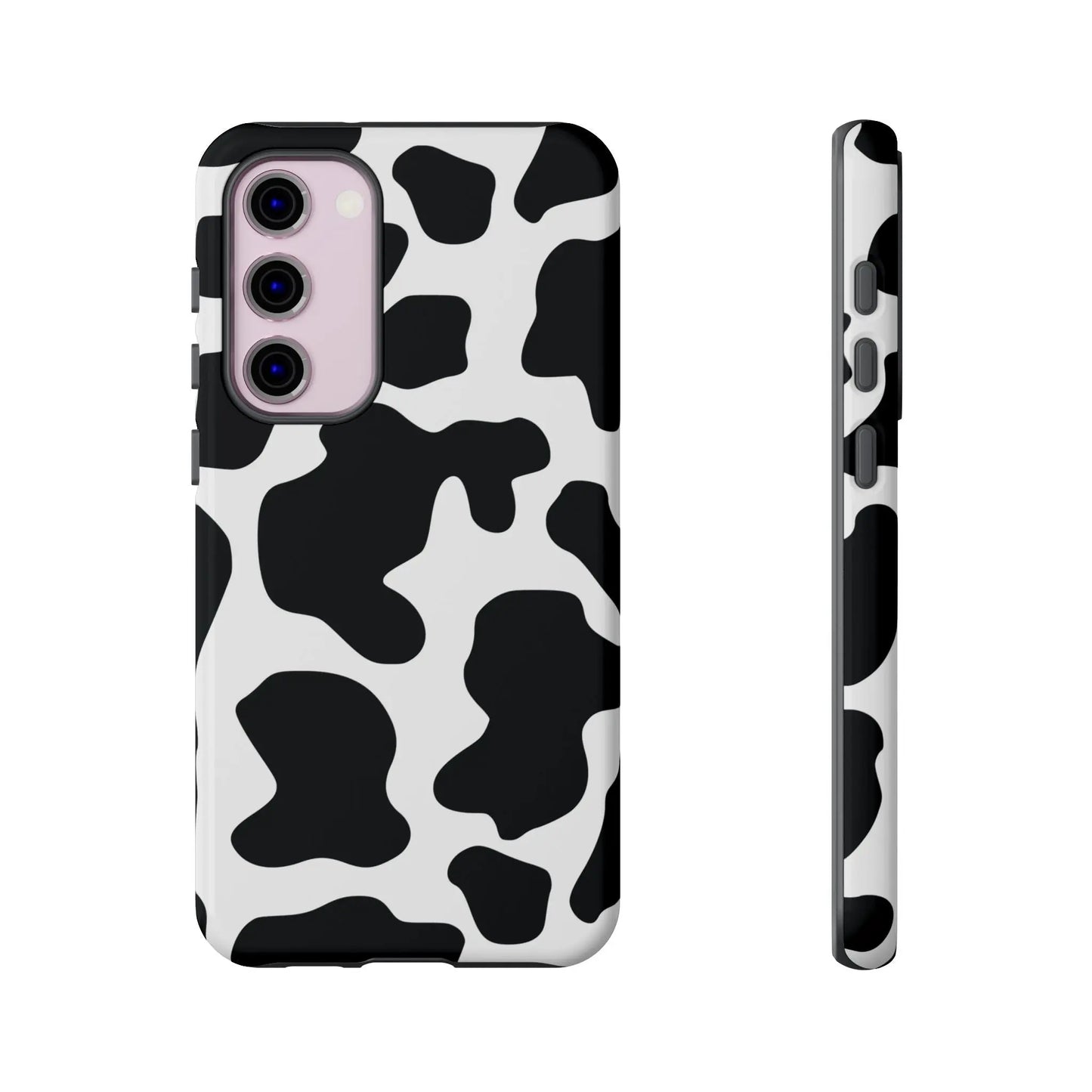 Black cow print phone case showing the back with a sleek modern black and white cow print protective cover