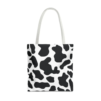 Black and white cow print canvas tote bag with matching handles large reusable cow print tote for shopping and travel