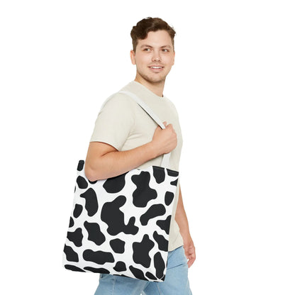 Large black and white cow print canvas tote bag perfect reusable shopping and travel print tote bag