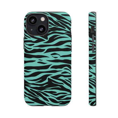 Back of a sleek phone case with bold turquoise and black zebra stripe design featuring wild tiger print pattern
