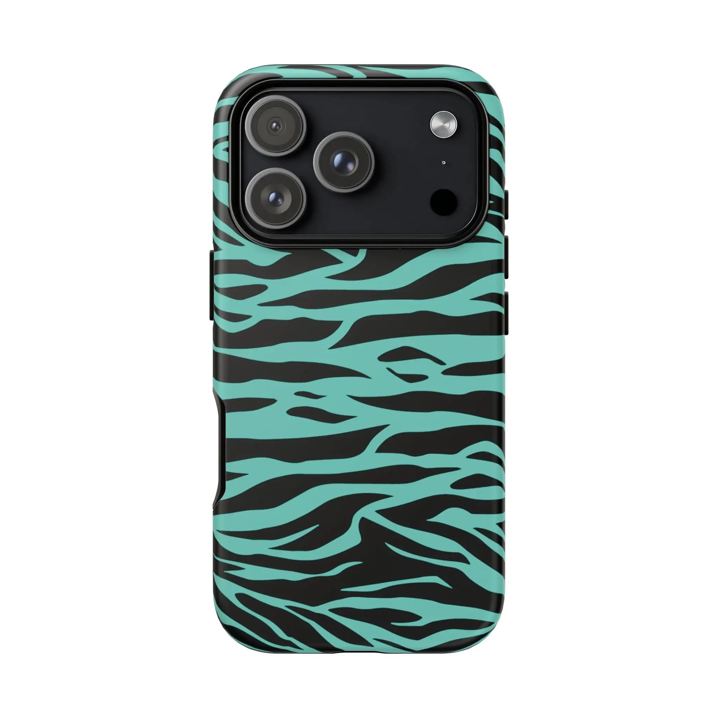 Back of a teal and black phone case with a sleek protective design featuring a green wild tiger print pattern