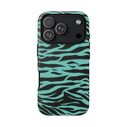 Back of a teal and black phone case with a sleek protective design featuring a green wild tiger print pattern