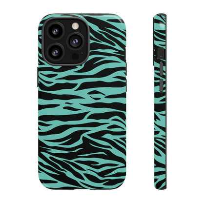 Back side of a teal and black phone case featuring a cute green wild tiger print pattern for iphone galaxy and pixel phones
