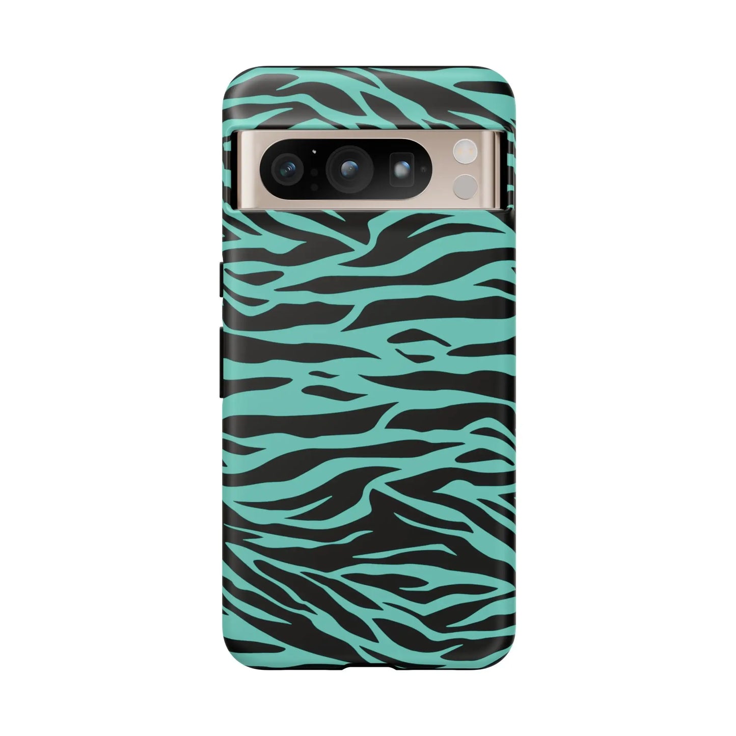 Sleek phone case for iphone galaxy and pixel phones with bold turquoise and black wild tiger print pattern on back