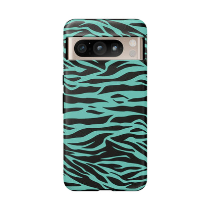 Sleek phone case for iphone galaxy and pixel phones with bold turquoise and black wild tiger print pattern on back