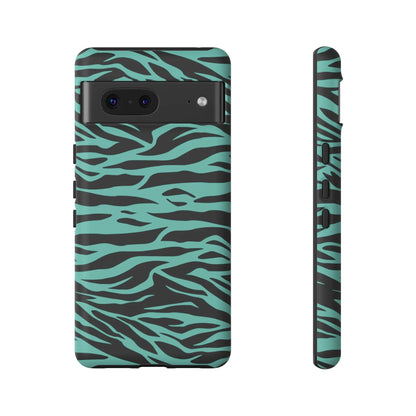 Back of a sleek phone case with bold teal and black wild tiger print pattern for iphone galaxy s and pixel phones