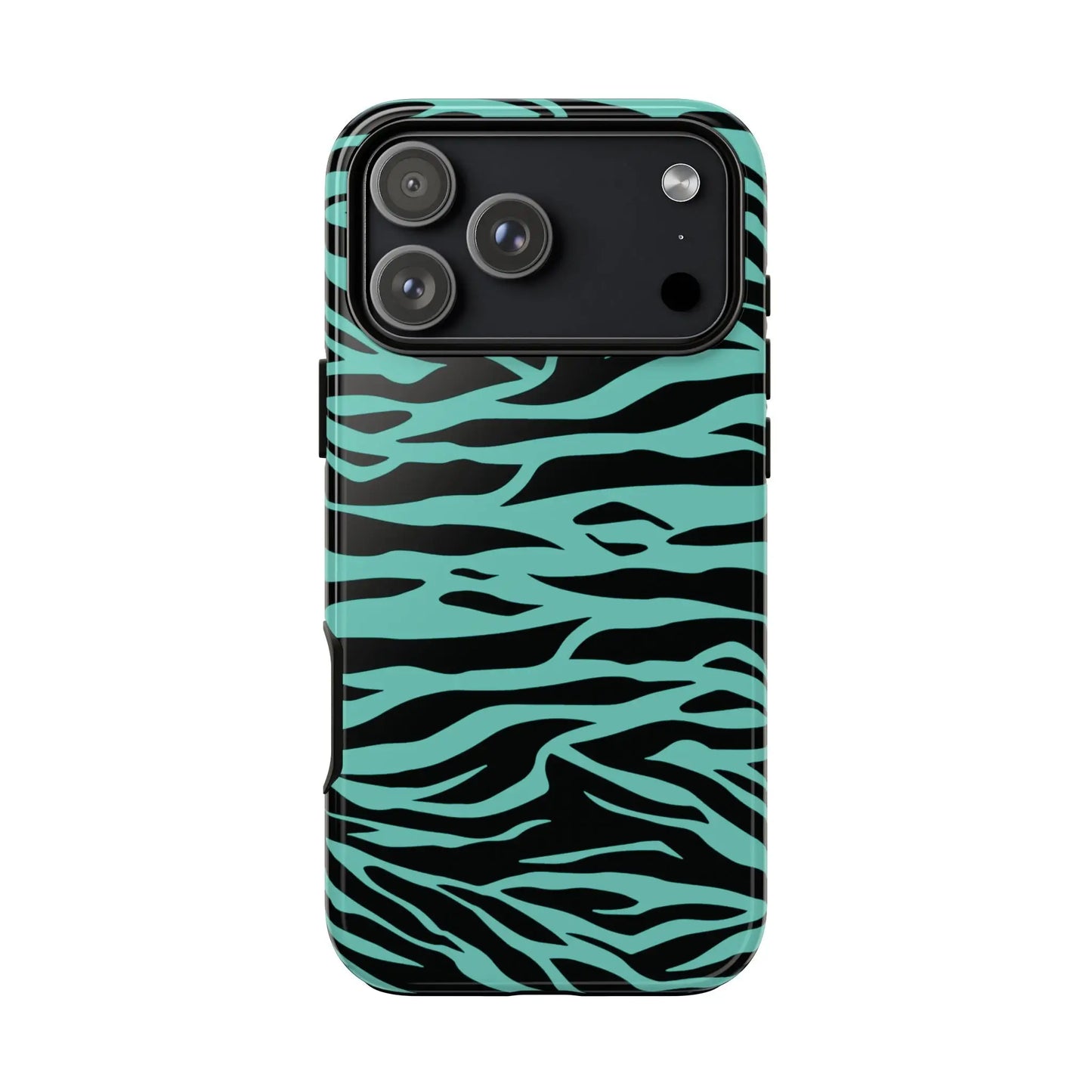 The back side of a sleek phone case with bold black and teal zebra stripes featuring wild tiger print pattern for iphone