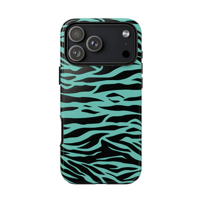 The back side of a sleek phone case with bold black and teal zebra stripes featuring wild tiger print pattern for iphone