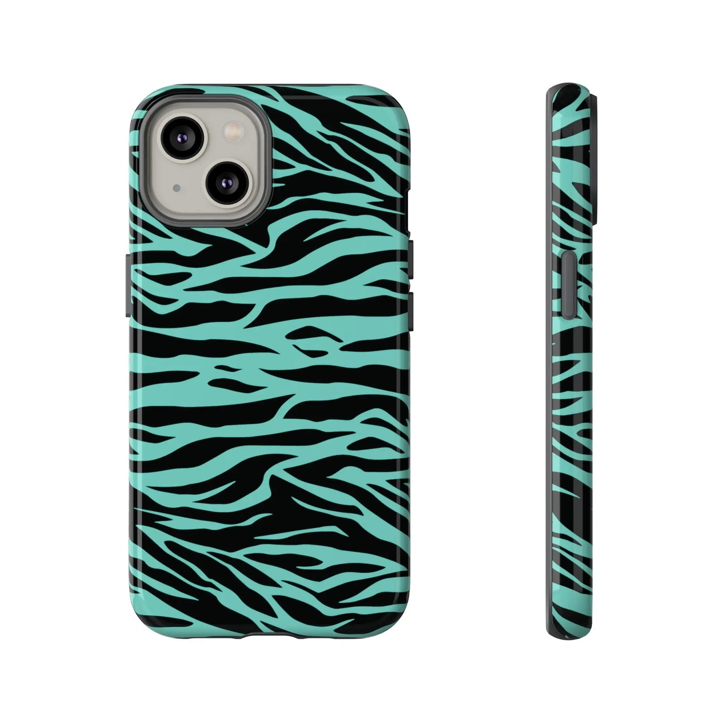 Back side of a teal and black zebra-print phone case with a green wild tiger print pattern for iphone and galaxy s models