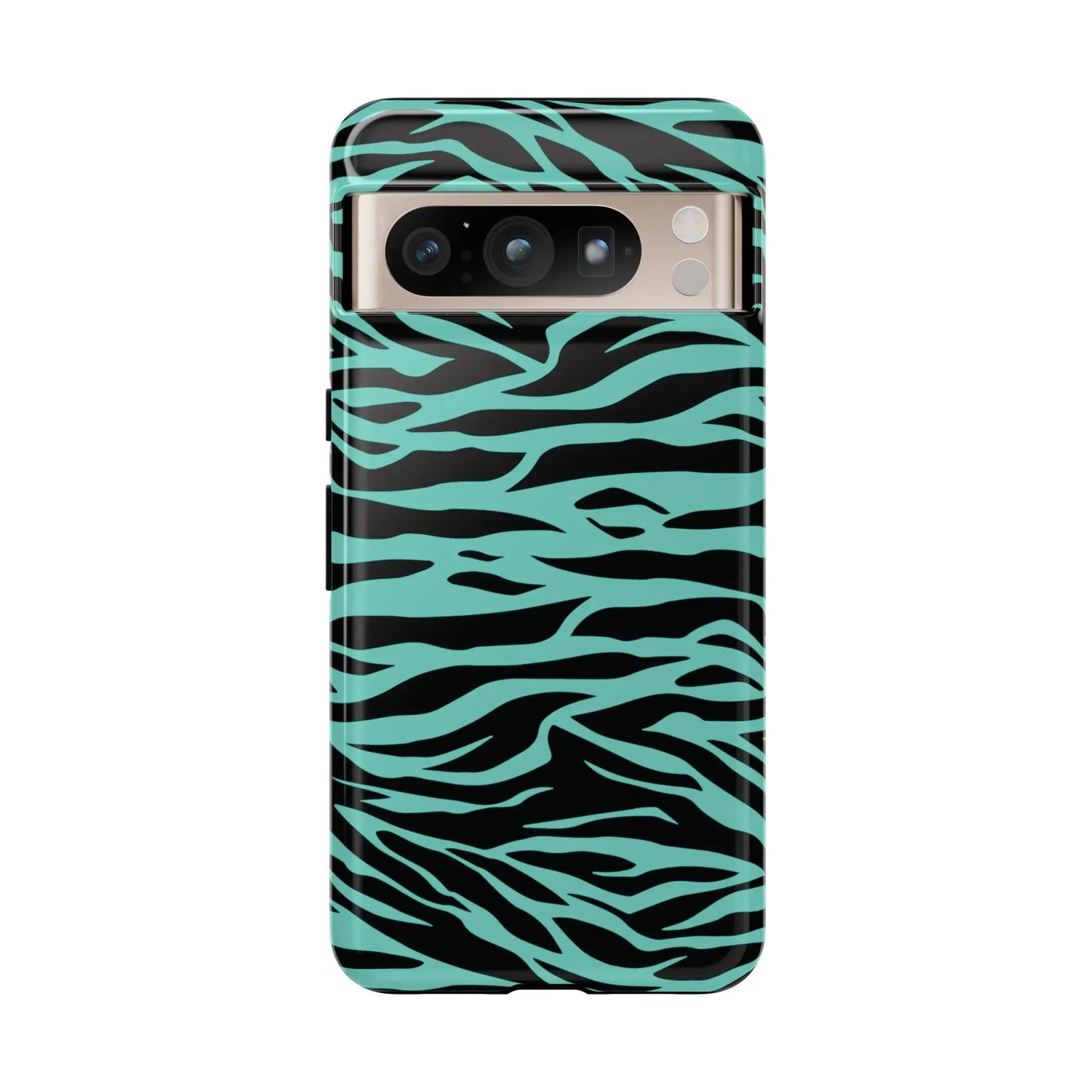 Back of a sleek phone case with bold turquoise and black zebra stripes featuring a green wild tiger print pattern